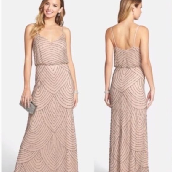 Adrianna Papell Beaded Chiffon Blouson Gown Taupe/Pink - Picture 1 of 6